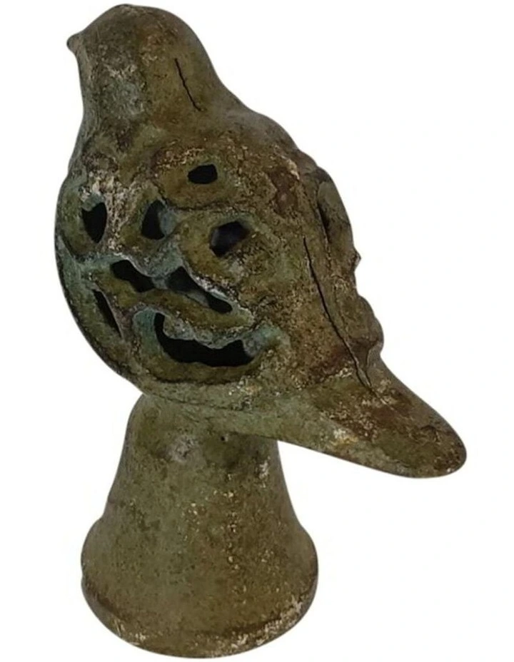 Cast Iron Bird Statue on Base Ornament in Distressed Green