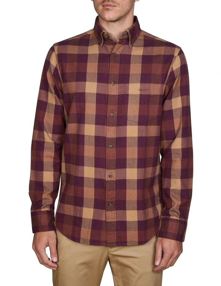 Regular Fit Herringbone Checked Flannel Shirt in Red Shadow