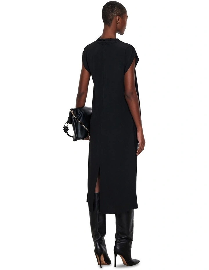 European Twill Scarf Neck Dress in Black