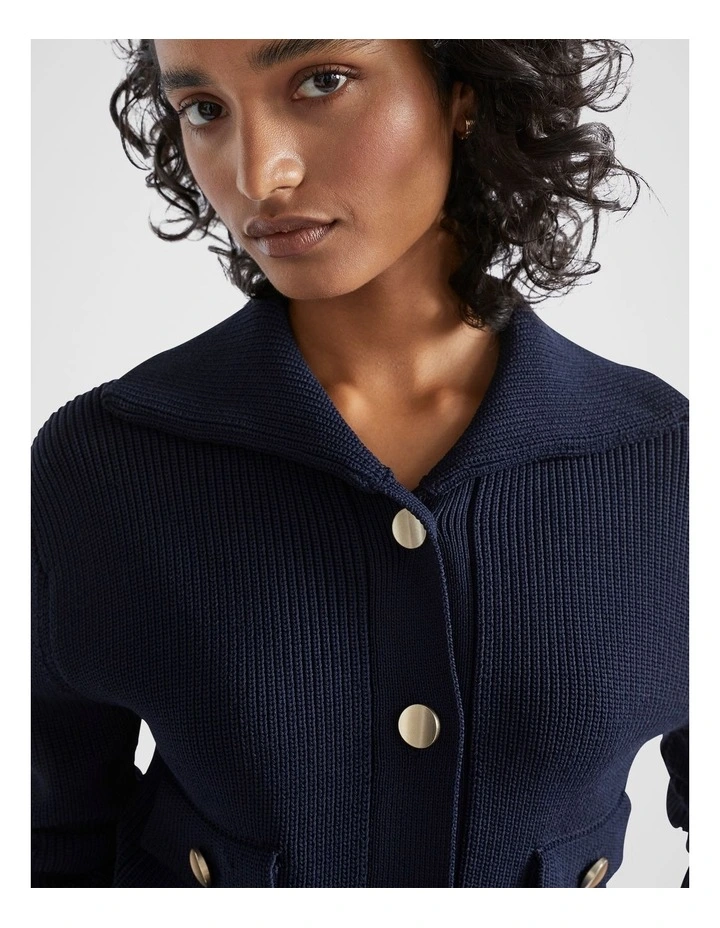 Crepe Button Through Knit Cardigan in Midnight Sky