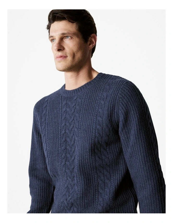 Wool Cable Knit Crew in Denim