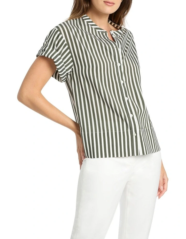 Cerys Stripe Boxy Blouse in Moss/White
