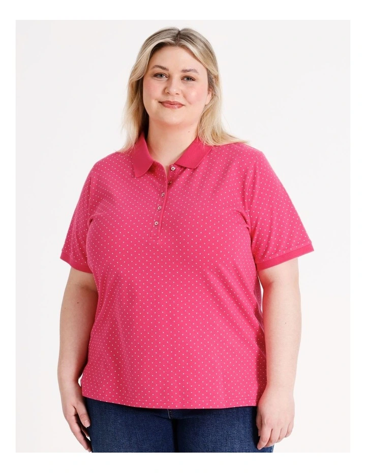Organic Cotton Stretch Short Sleeve Polo in Hot Pink/White Spot