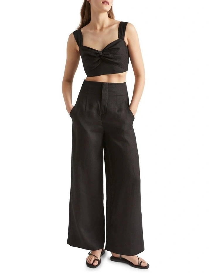 Linen Twist Front Crop Top in Black