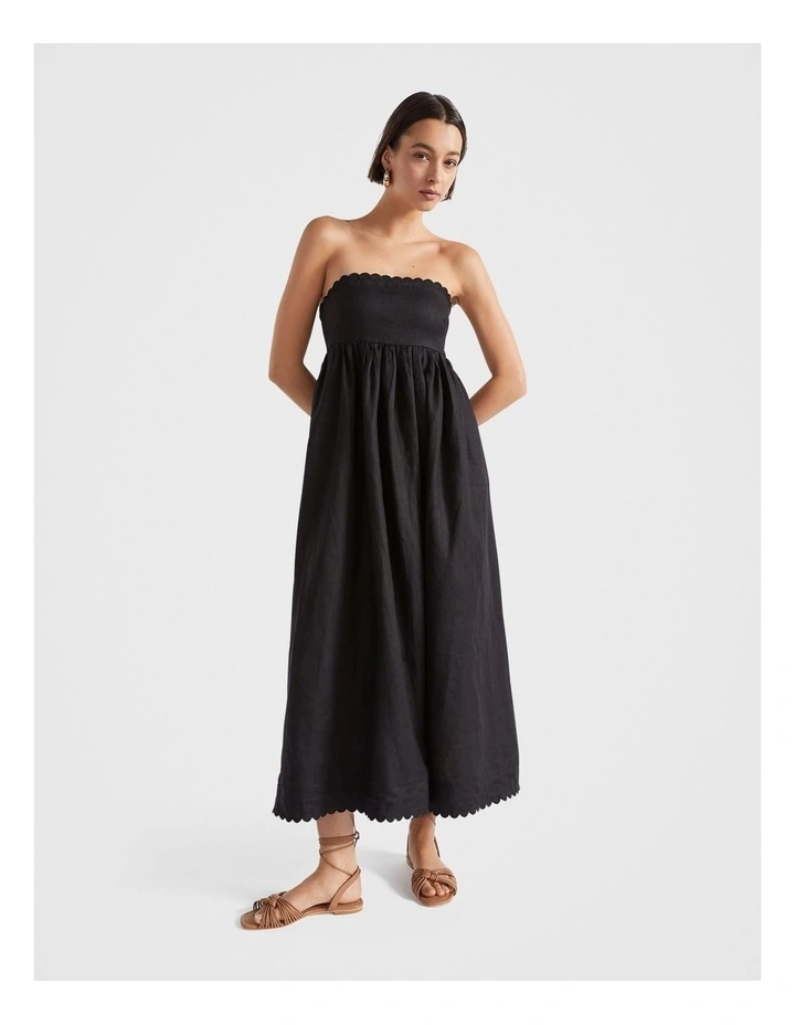 Linen Scallop Midi Dress in Black