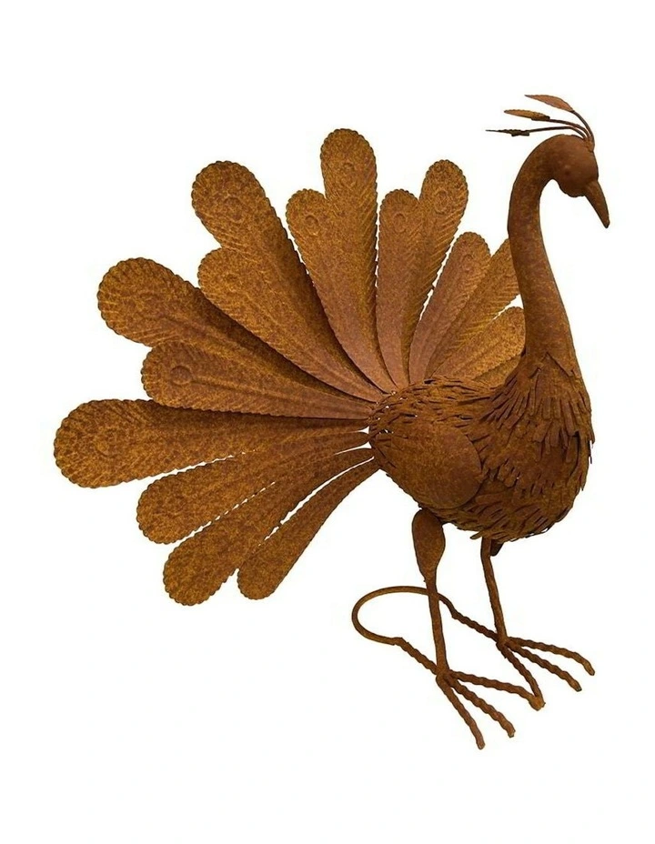 Metal Figurine Proud Standing Peacock in Rust