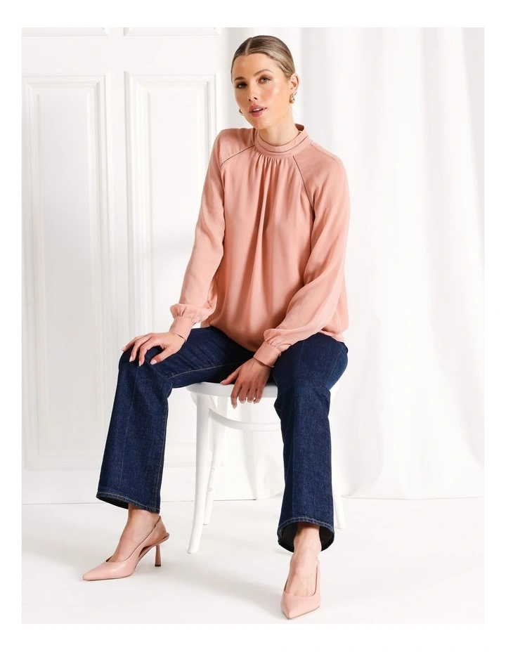 Ladder Trim Detail Raglan Sleeve Blouse in Dusty Pink