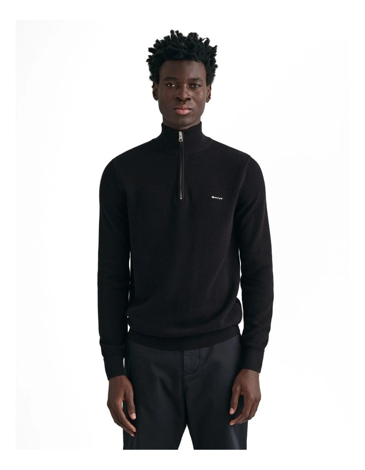 Cotton Pique Half-Zip Sweater in Black