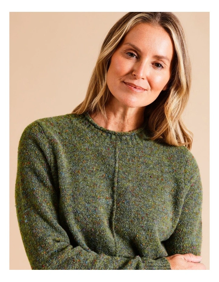 Recycled Polyester Blend Curved Hem Jumper With CF Seam In Khaki Multi Fleck