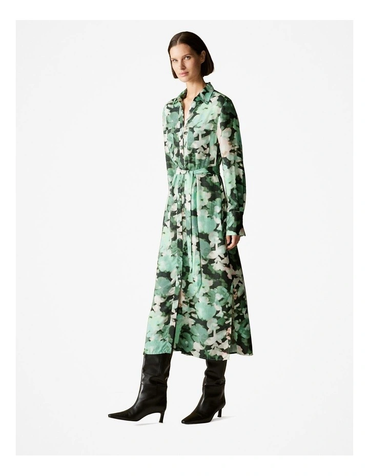 Modal Blurred Floral Shirt Dress in Dark Green