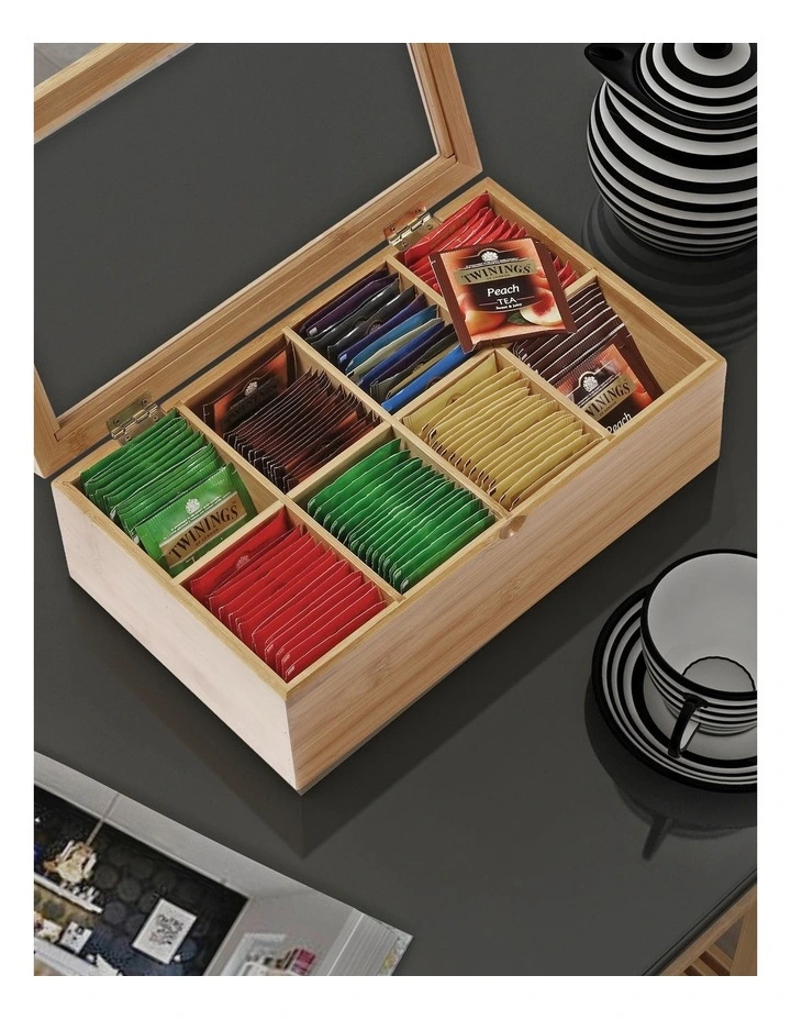 Bamboo 8 Compartment Tea Box With Window 31.6x19x9.6cm in Natural Brown