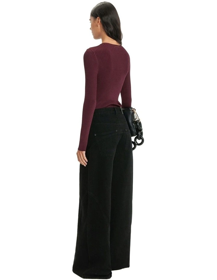 Multi Rib Round Neck Knit Jumper in Pinot