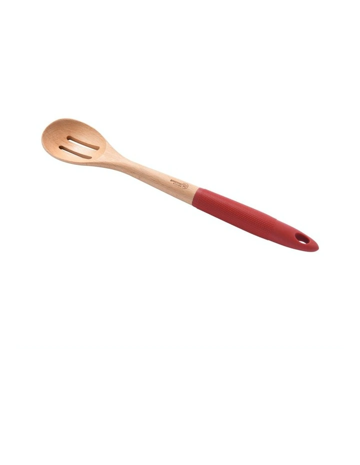 Rustic Beech Wood Slotted Spoon with Silicone Grip 35x6.1x2.8cm in Red