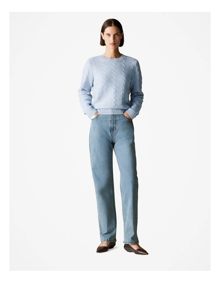 Wool Cable Knit Crew in Sky Blue