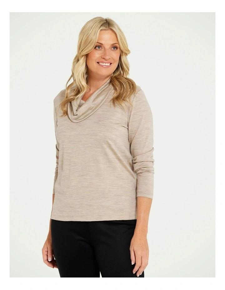 Hedrena Cowl Neck Long Sleeve Top in Beige
