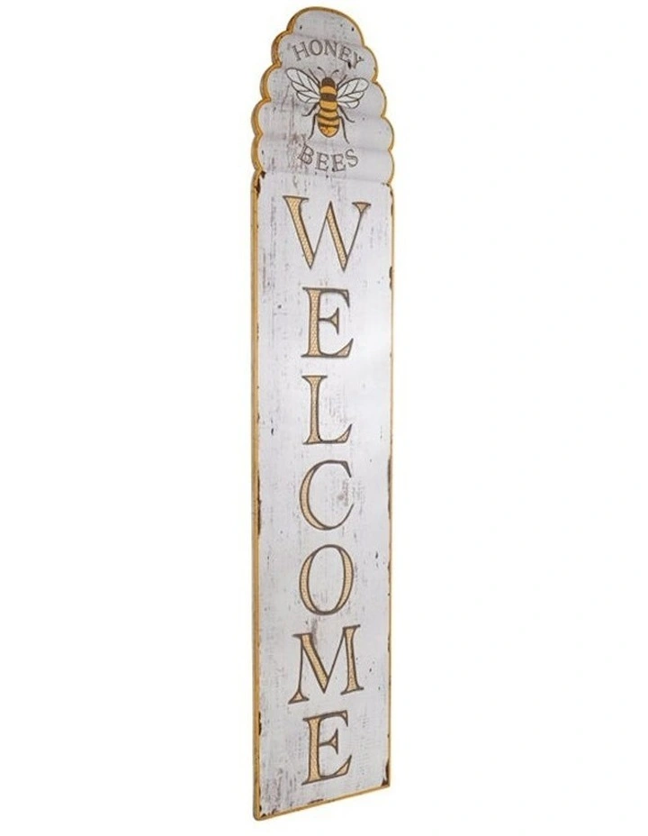 Honey Bees Welcome 120cm Wall Sign in Distressed White/Yellow
