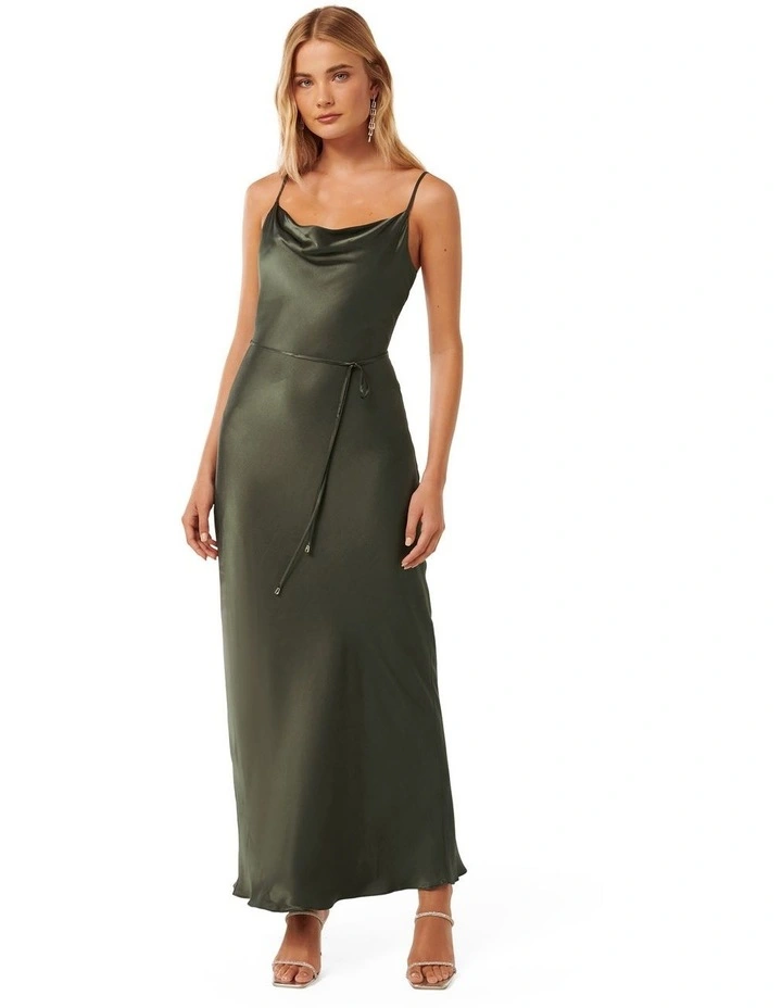 Lucy Satin Cowl Neck Maxi Dress in Green
