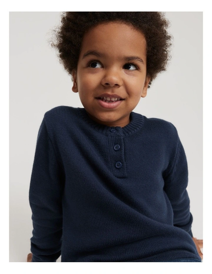Organically Grown Cotton Blend Henley Knit in Navy