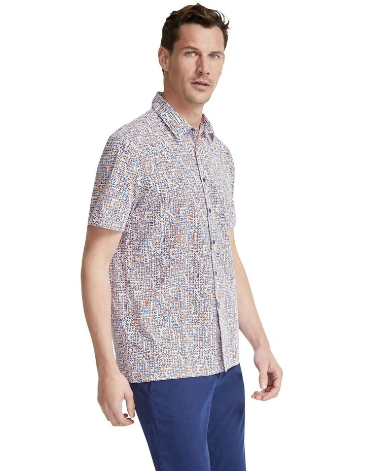 Leyton Geo Print Short Sleeve Shirt in Blue/Red