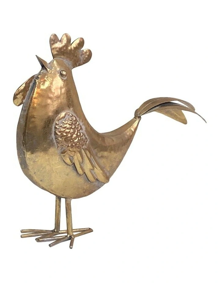 Metal Figurine Golden Chook Statue With Long Tail in Distressed Gold