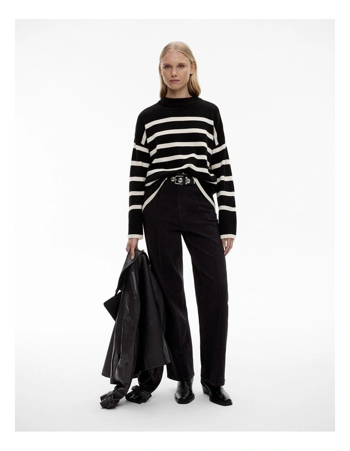 Stripe Wool Crew Knit in Black
