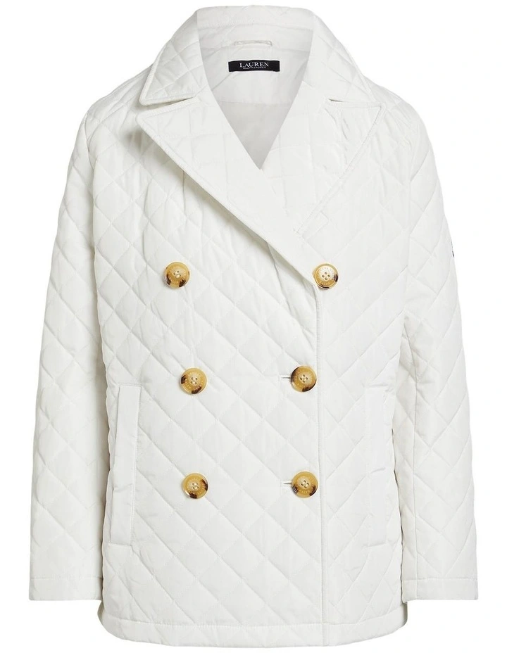 Crest-Patch Diamond-Quilted Peacoat in Natural