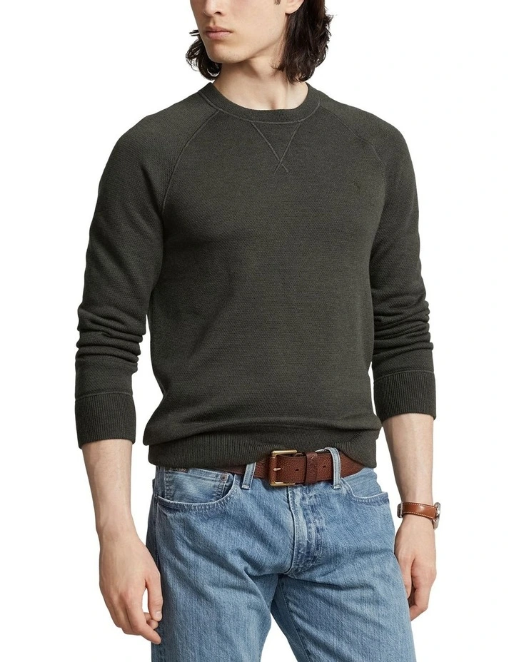 Slim Fit Textured Washable Wool Sweater in Green