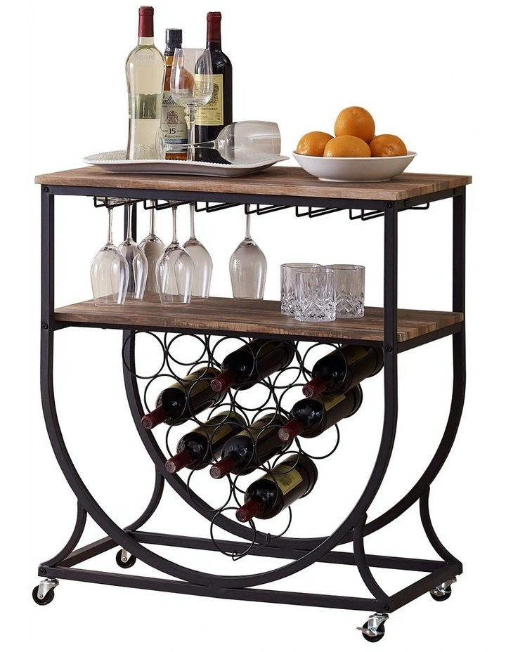 Industrial Wine Rack Cart with Glass Holder Vintage Brown