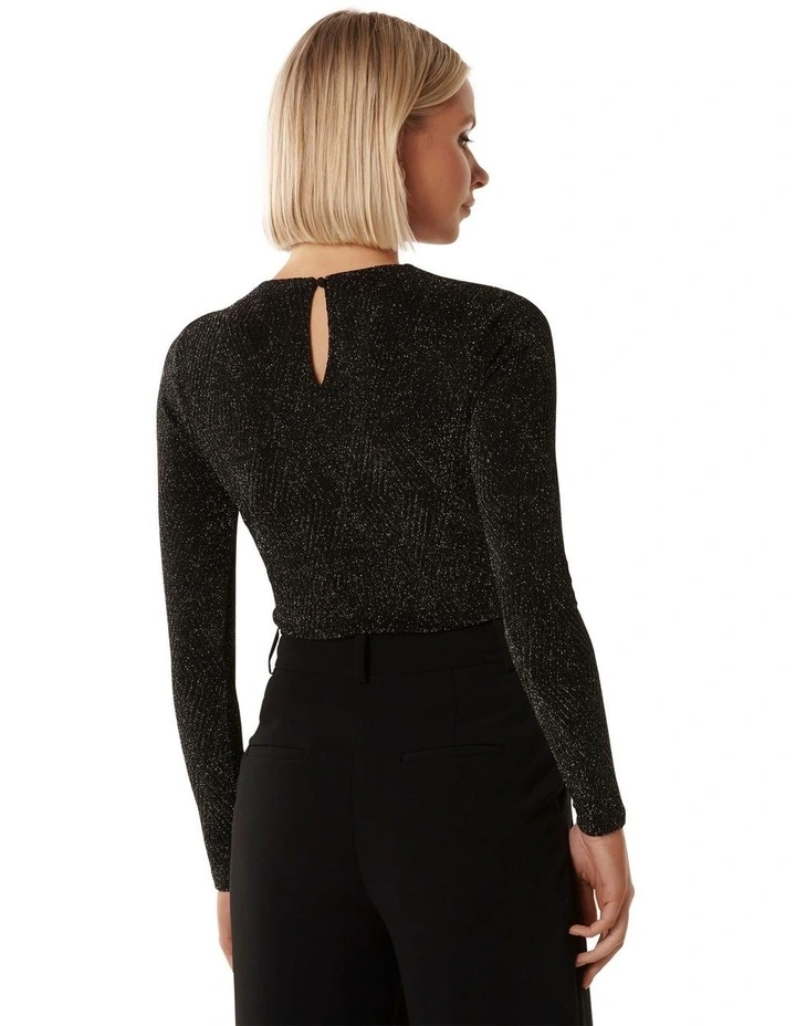Camilla Metallic Split Neck Top in Black
