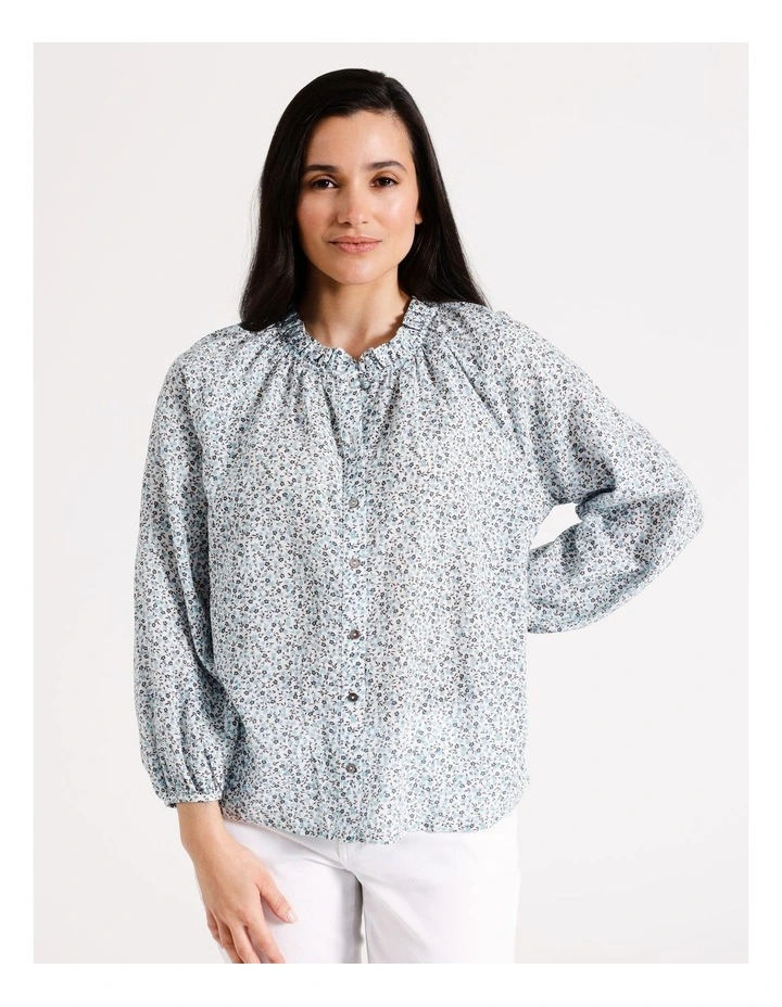 Long Sleeve Shirt With Frill Neck In Blue Ditsy Floral