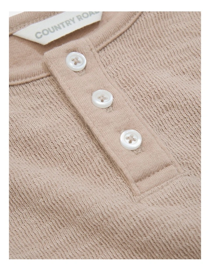 Organically Grown Cotton Double Faced Textured Henley T-shirt in Mushroom