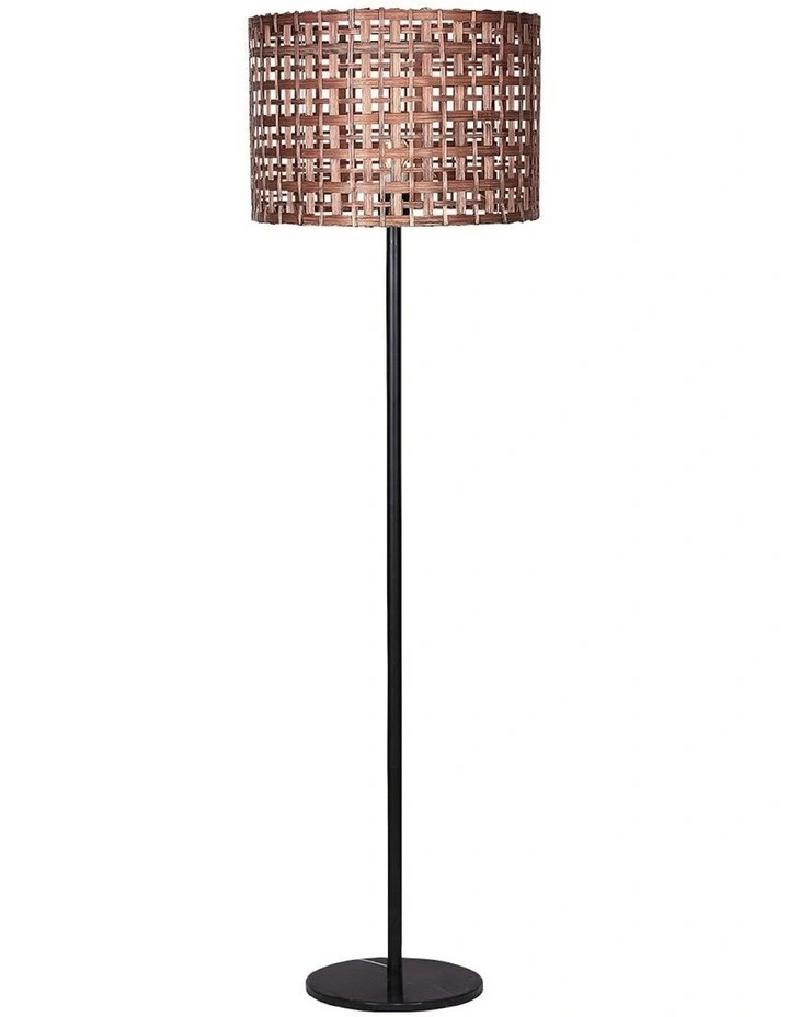 Rattan Floor Lamp With Marble Base in Brown/Black