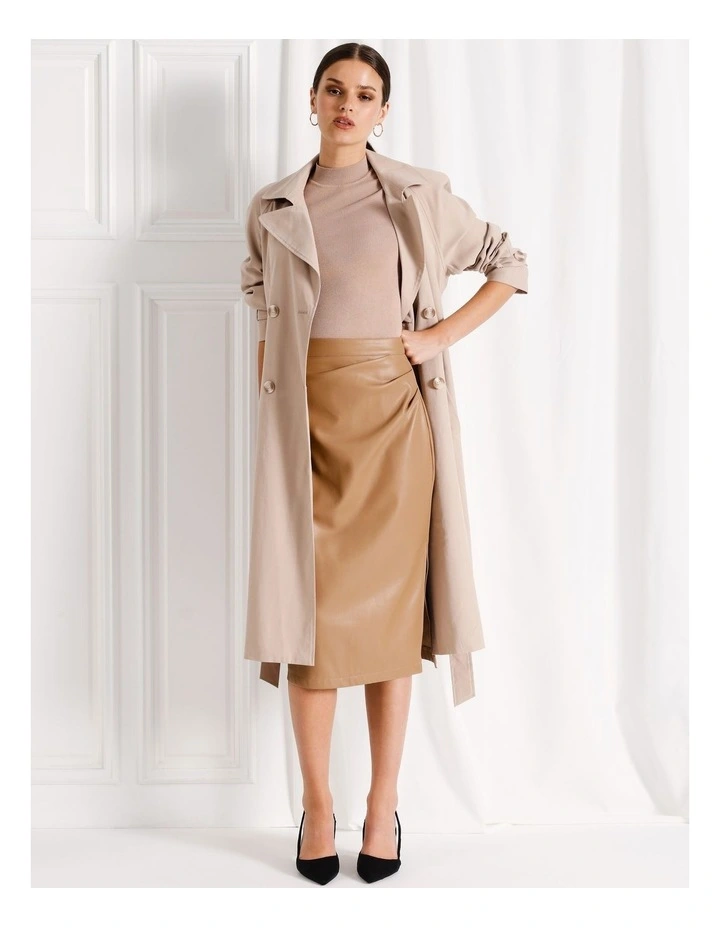 Faux Leather Midi Skirt in Camel