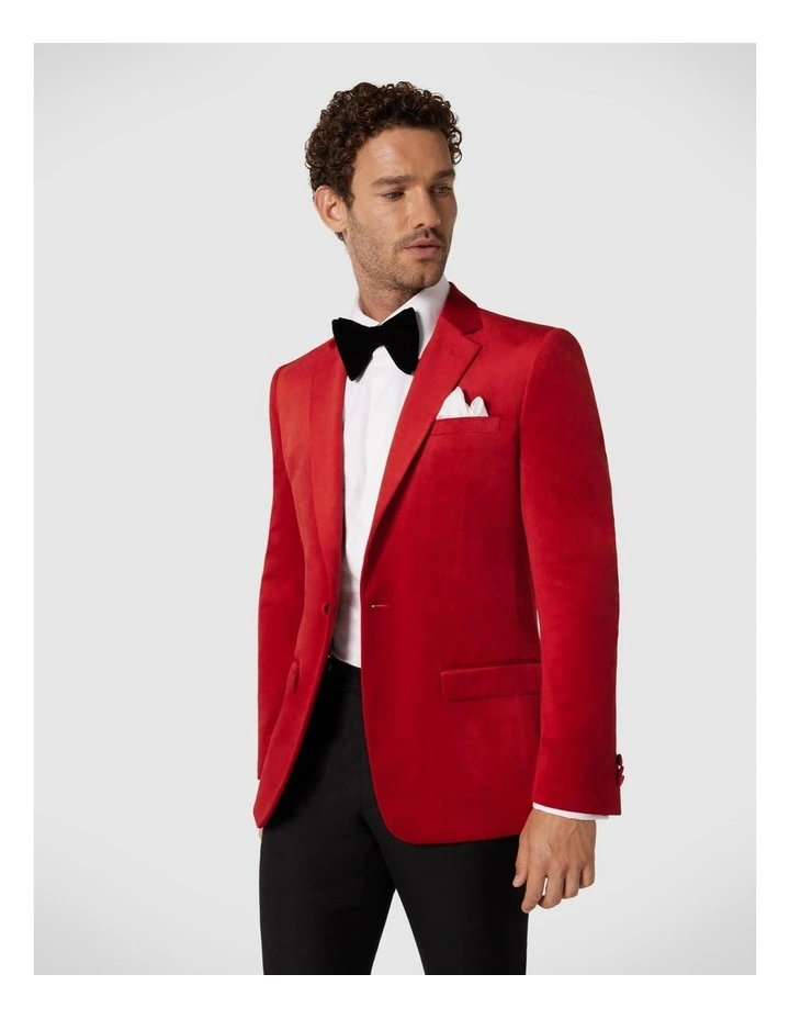 Slim Fit Velvet Tuxedo Jacket in Red