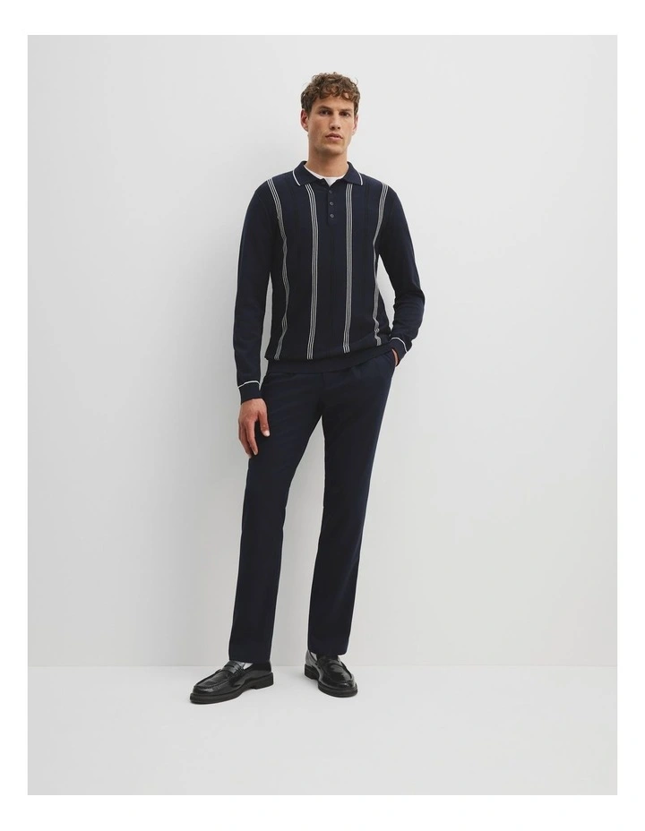 Cotton Silk Stripe Polo in Navy