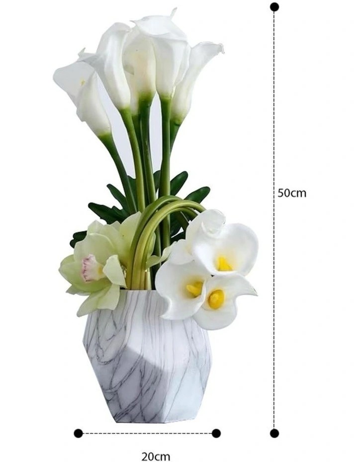 Artificial White Calla Lily Floral Arrangement In Marble Look Vase