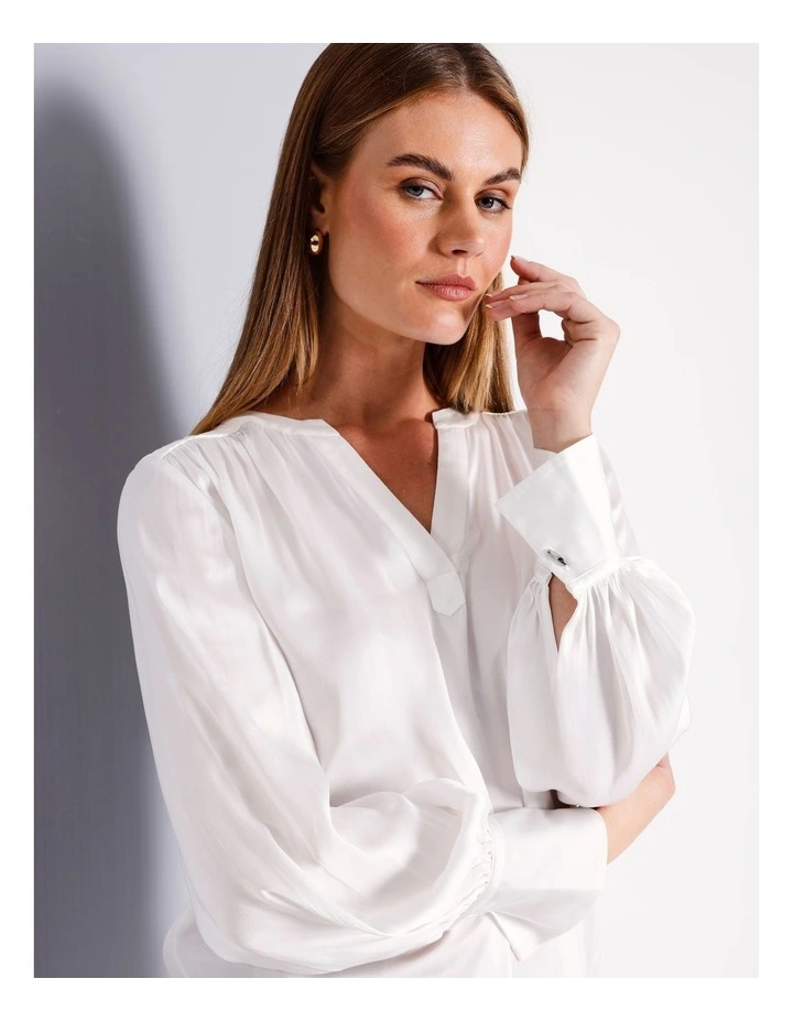 Recycled Polyester V Neck Satin Blouse in Ivory