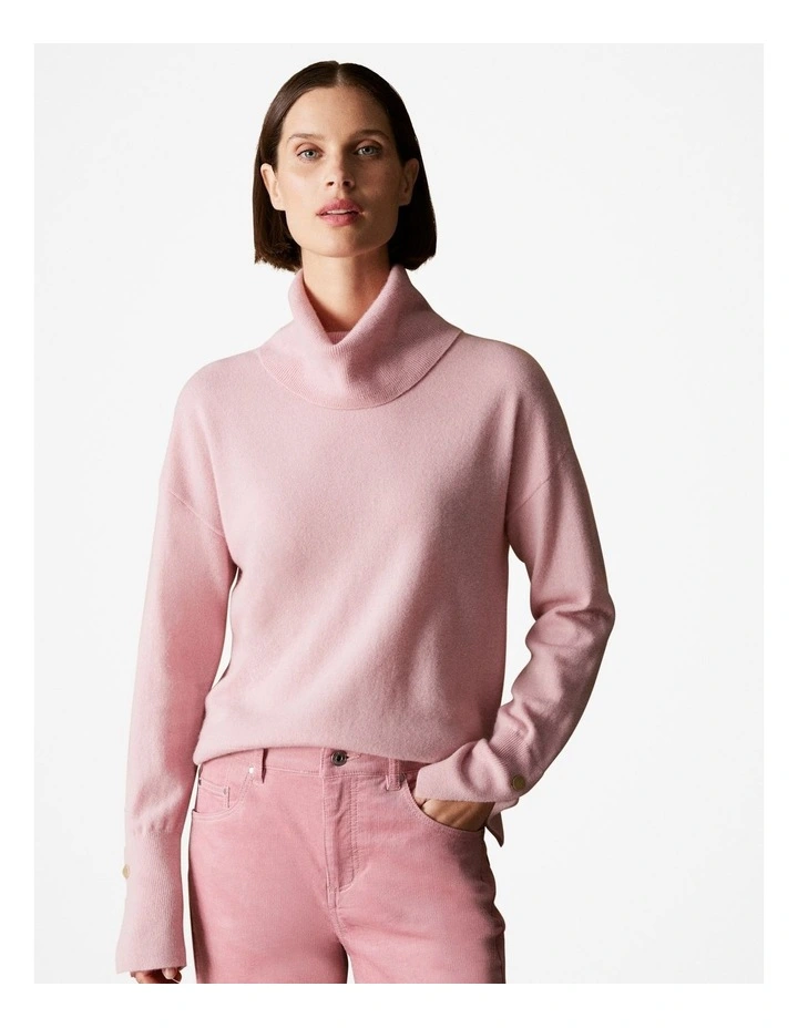Wool Blend Button Detail Relaxed Rollneck in Blush Pink