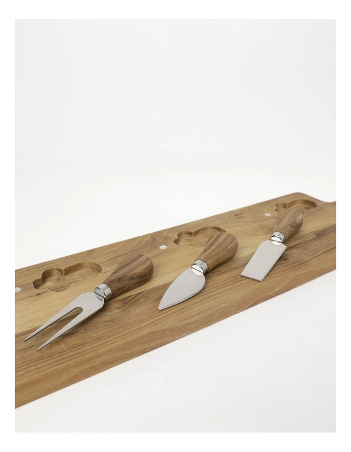 Entertaining 4 Piece Cheese Paddle & Knives in Teak