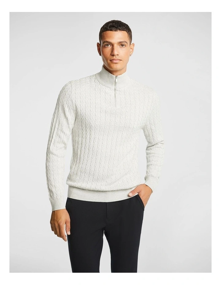 Eddie 1/4 Zip Cable Knitwear in Light Grey Marle