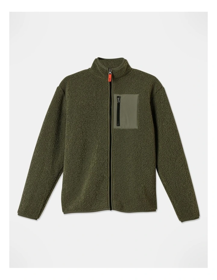 Sherpa Fleece Zip Thru Sweat in Khaki