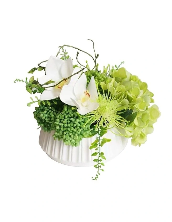 Fresh Green Real Touch Flowers Arrangement is White Ceramic Pot