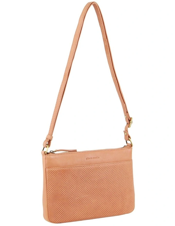 Perforated Leather Multi Compartment Cross-body Bag in Apricot
