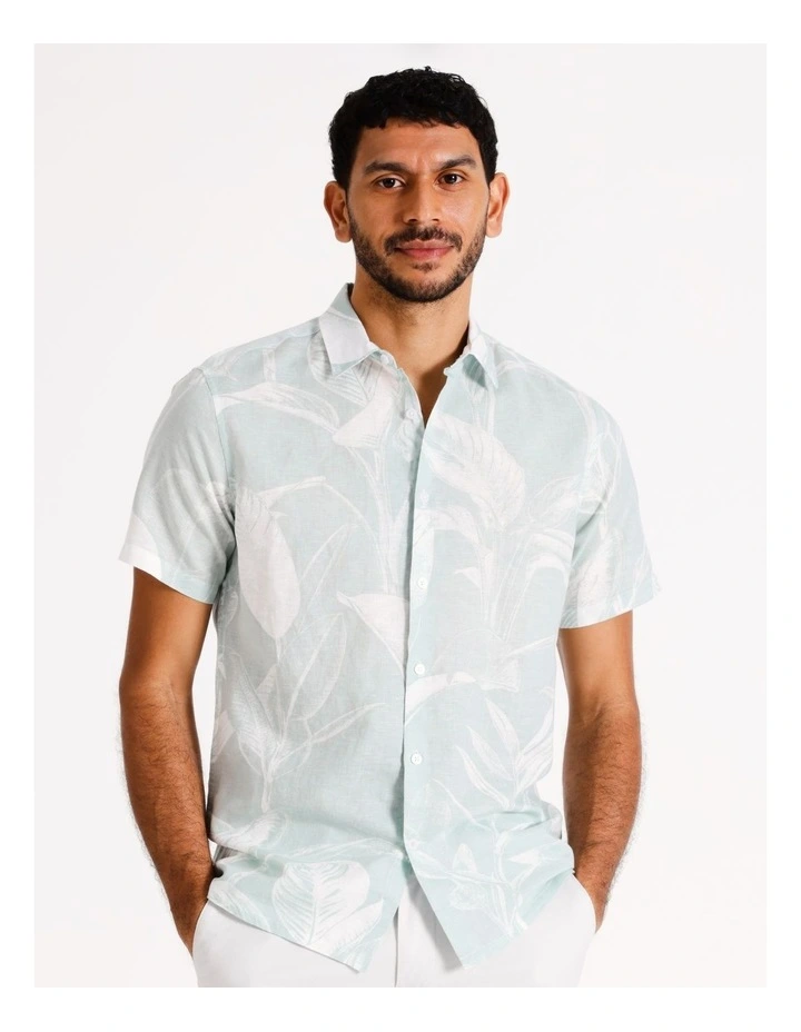 Tate Floral Print Short Sleeve Linen Blend Shirt in White