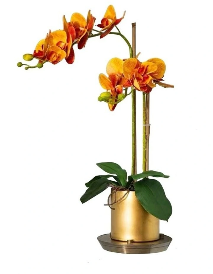 2 Stems Orange Artificial Phalaenopsis Orchid Arrangement In Matte Golden Pot