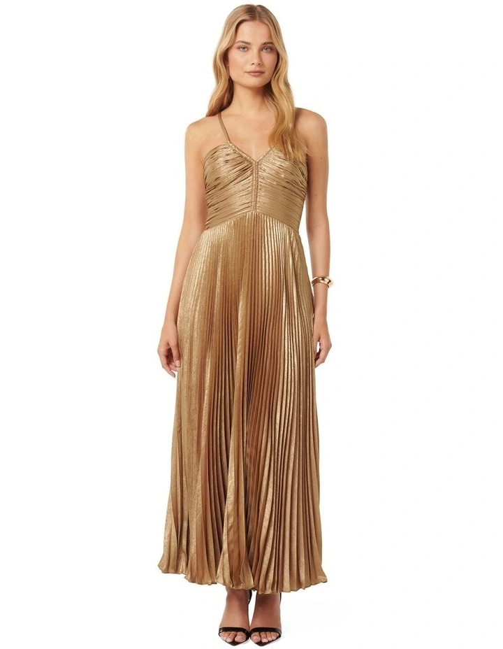 Jayden Metallic Pleated Maxi Dress in Gold