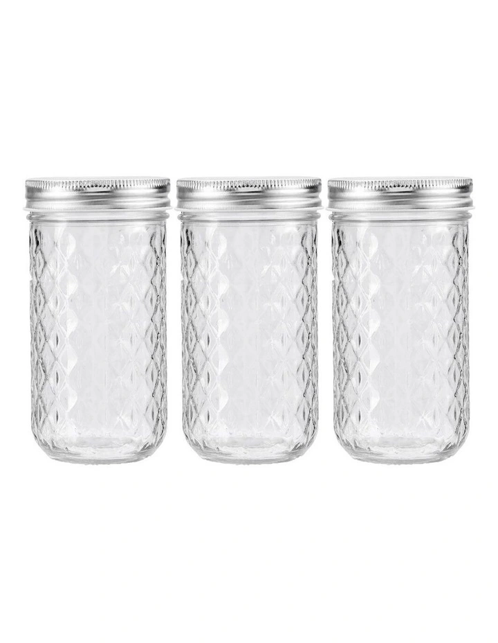 3PK 350ml Quilted Glass Conserve Canister Jar Food Storage Clear
