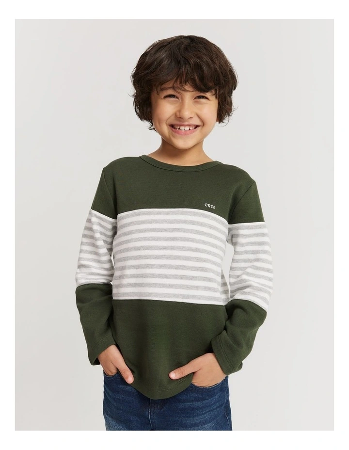 Organically Grown Cotton Block Stripe T-shirt in Khaki Green