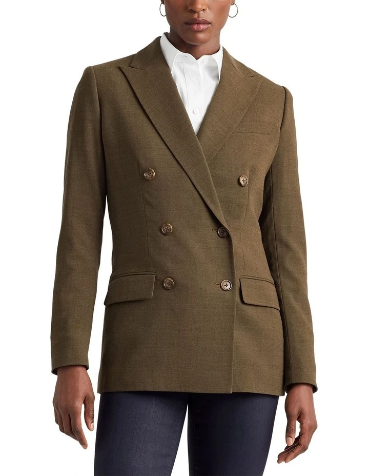 Double-Breasted Wool Crepe Blazer in Green