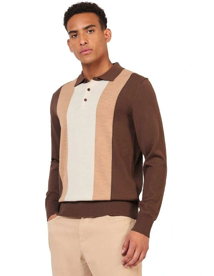 Block Stripe Merino Polo Shirt in Brown